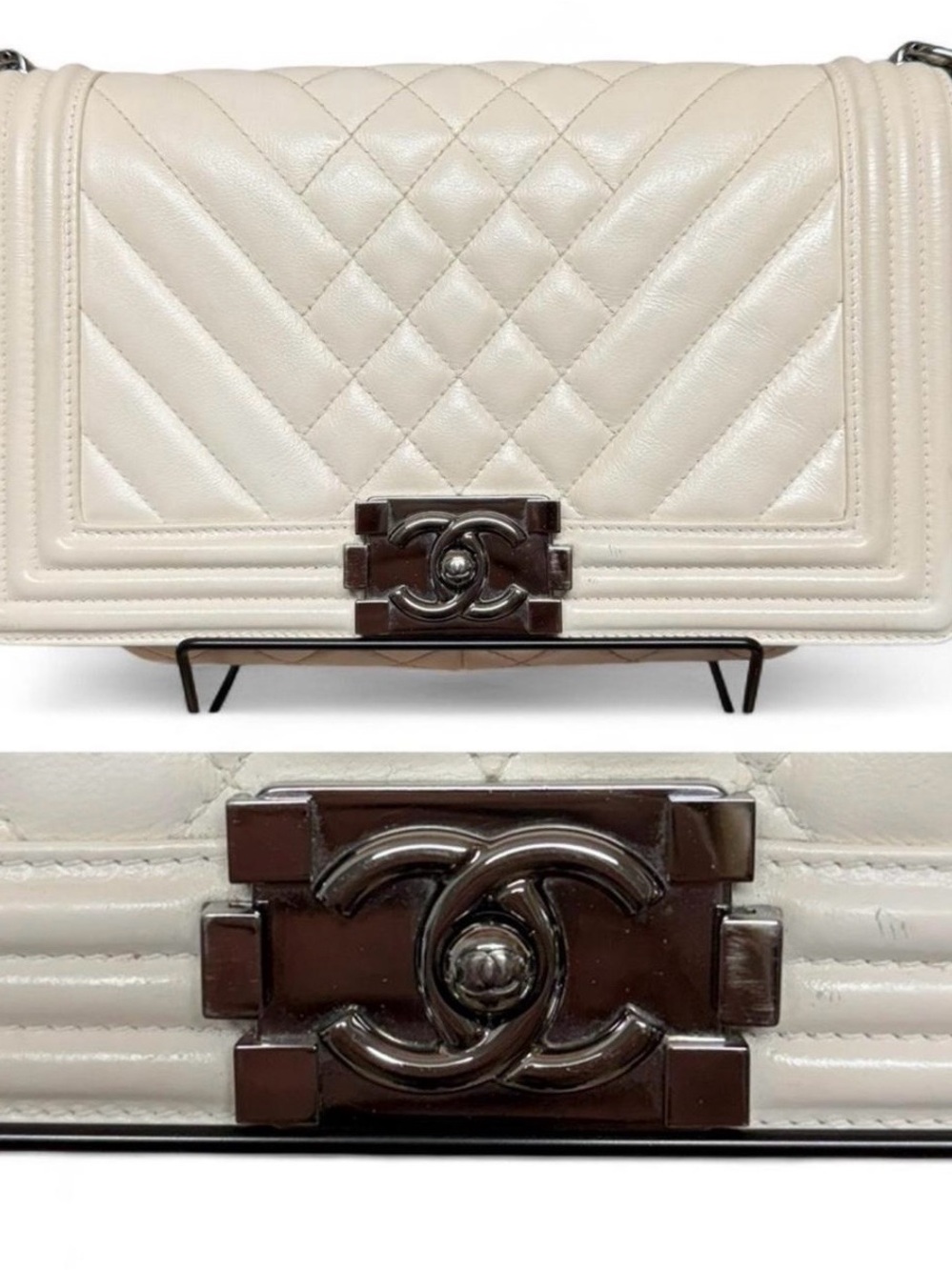CHANEL Cream Quilted Boy Flap Shoulder Bag with Dark Silver Hardware